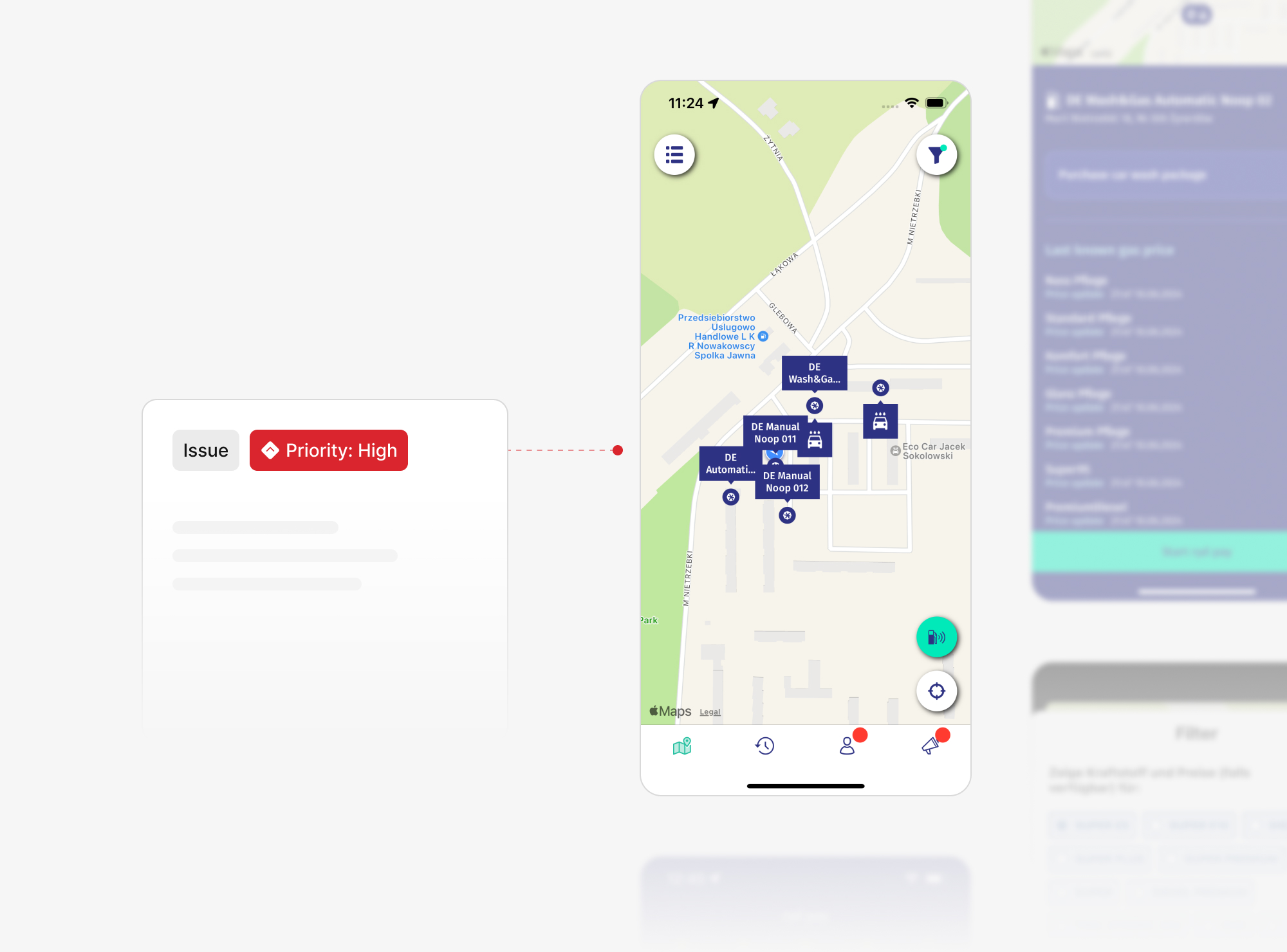 Ryd refuel-and-pay app with a gas station map