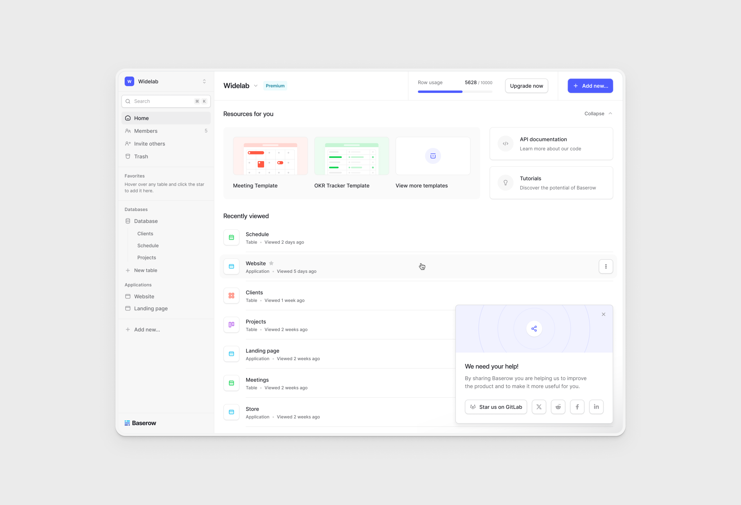 Designing product screens for Baserow's application