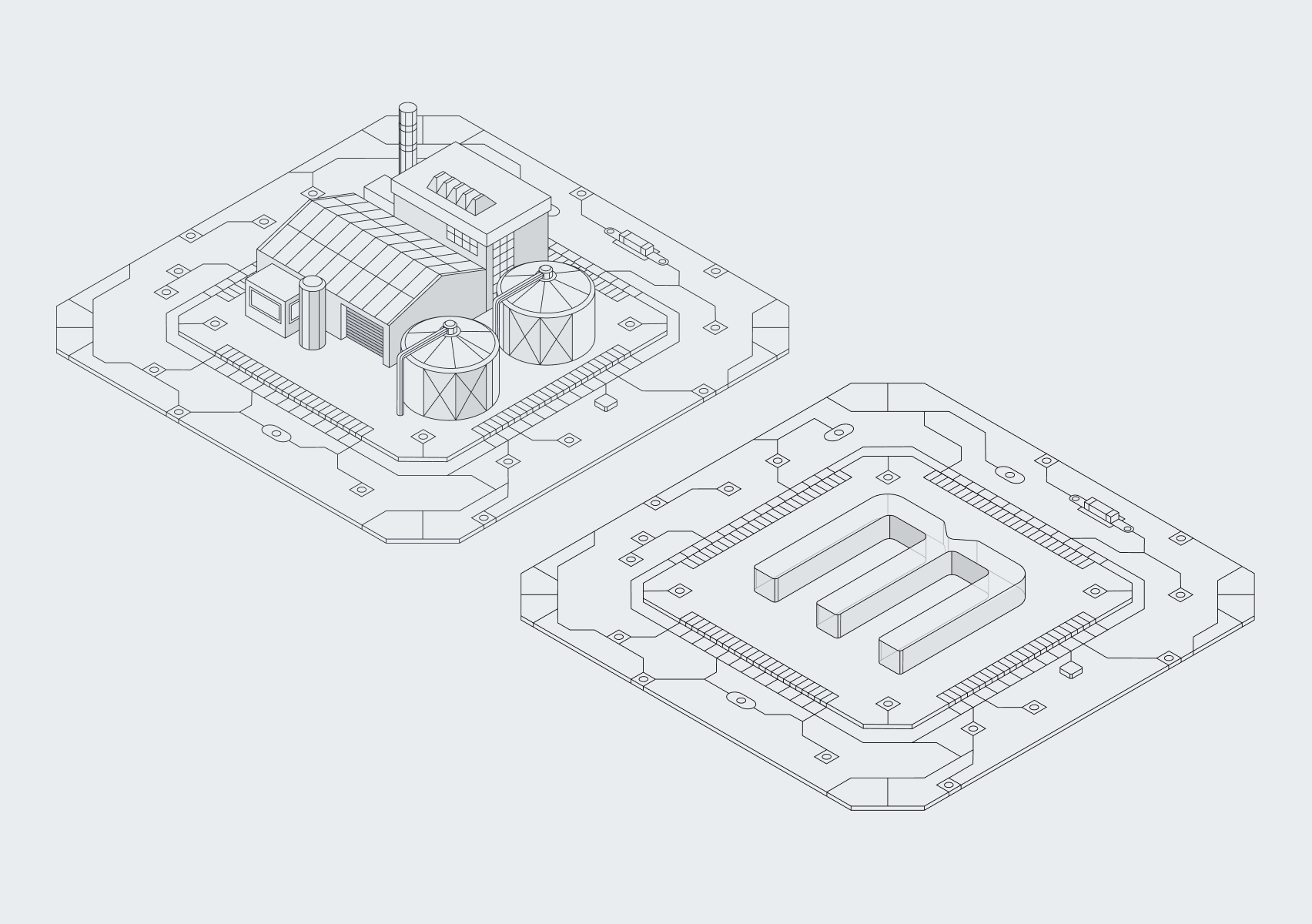Isometric illustrations of a factory and the Mecha monogram