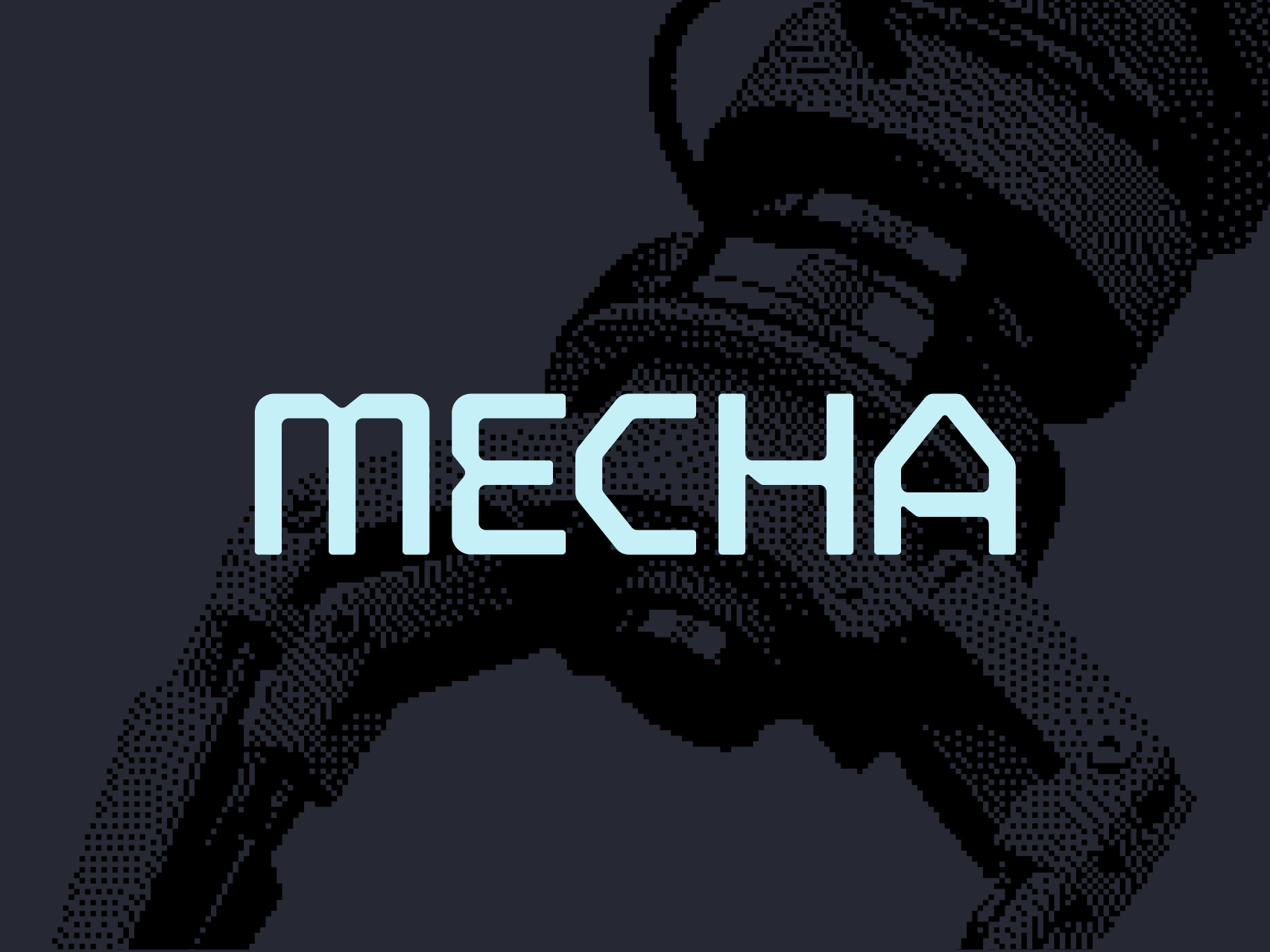 Dithered robotic arm with the Mecha wordmark