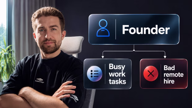 Smiling man next to a laptop screen showing text 'HIRE A VA FROM UKRAINE' with a blue and yellow circle representing the Ukrainian flag.