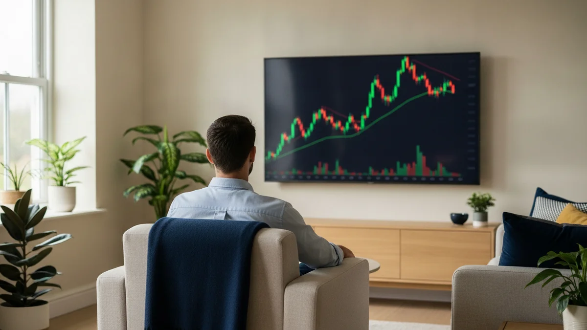 Investisseur de dos suivant les cours de bourse sur un écran dans son salon
