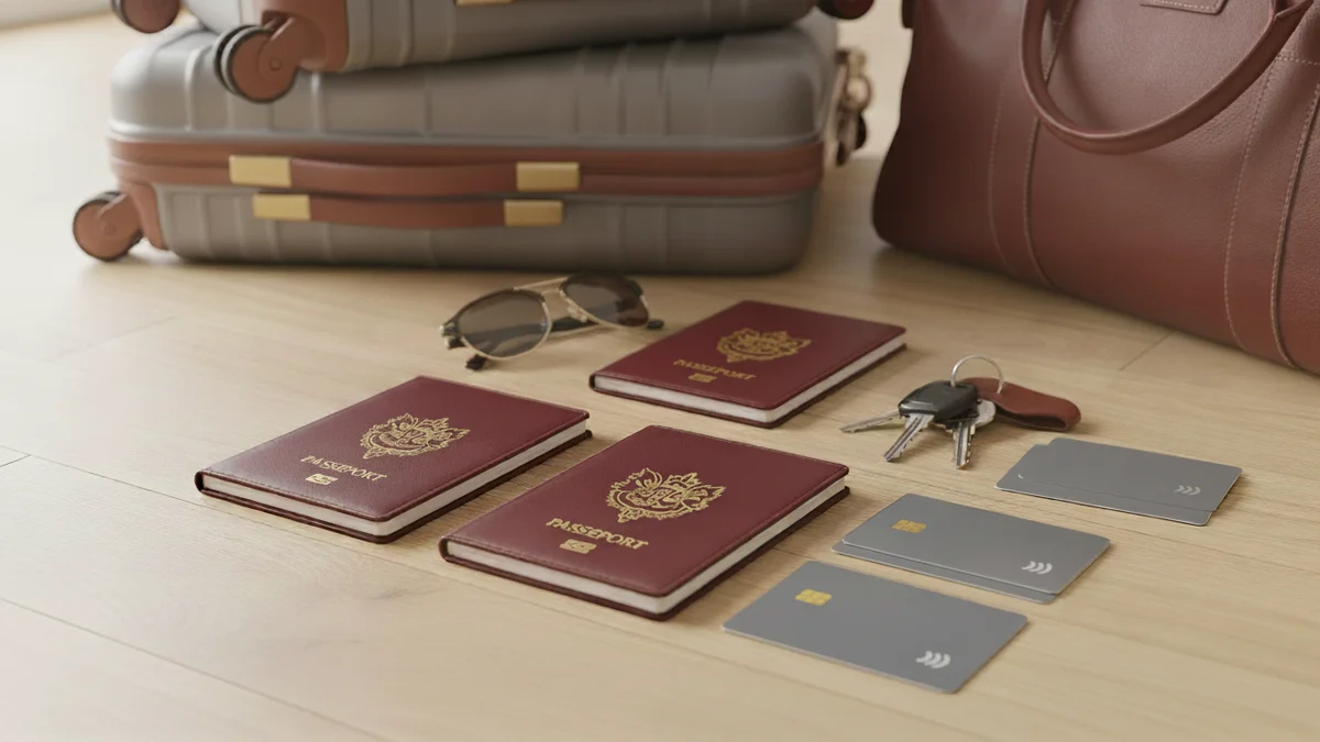 Passeports français, cartes bancaires et clés posés au sol devant des valises prêtes pour le départ