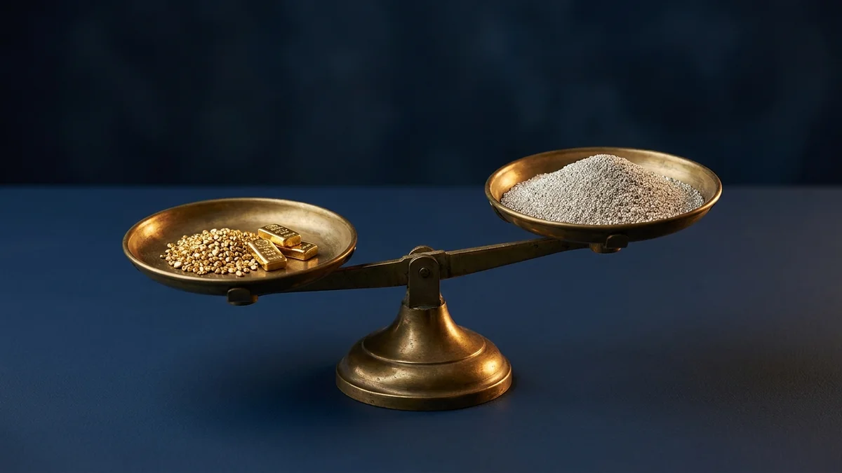Balance en laiton, un peu d'or a gauche et beaucoup plus d'argent a droite