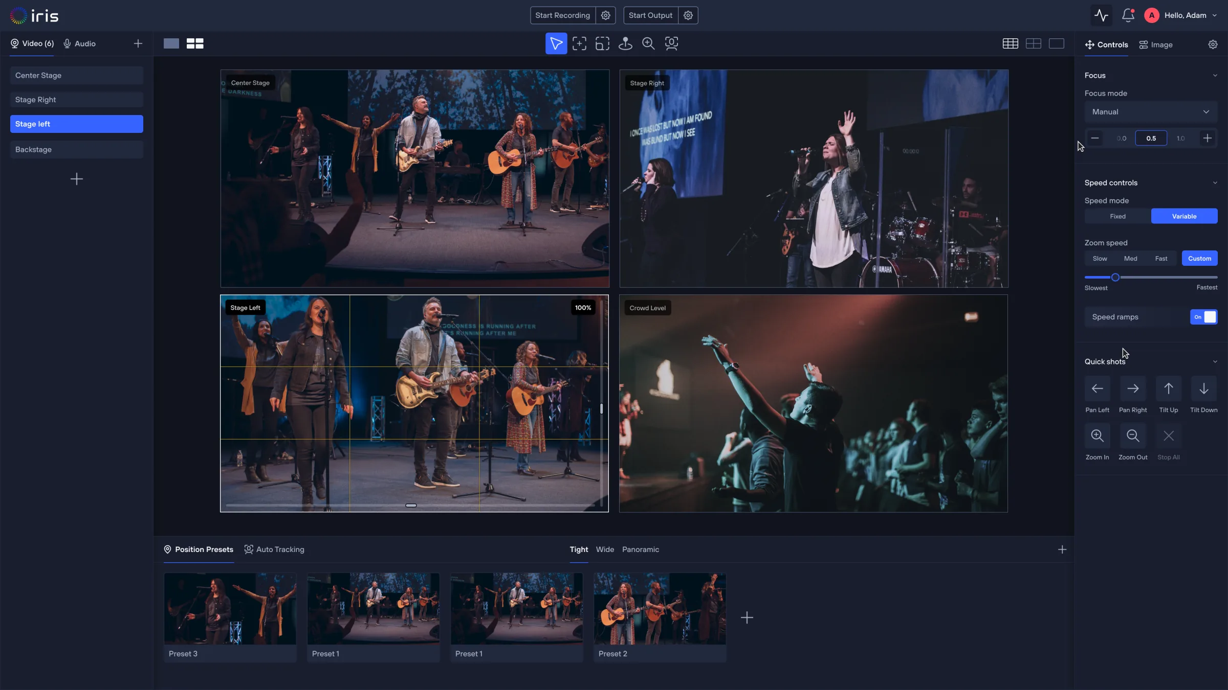 Iris Studio multi-view of a sanctuary — four camera angles with focus, speed and quick-shot controls, plus position presets
