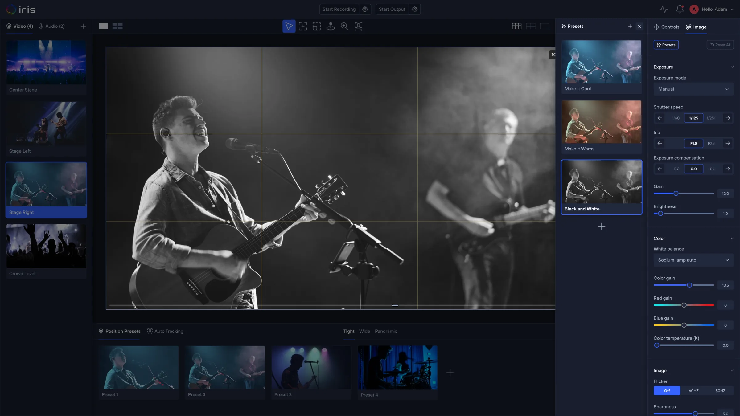 Iris image presets — Make it Cool, Make it Warm and Black and White applied live, with exposure, color and image controls