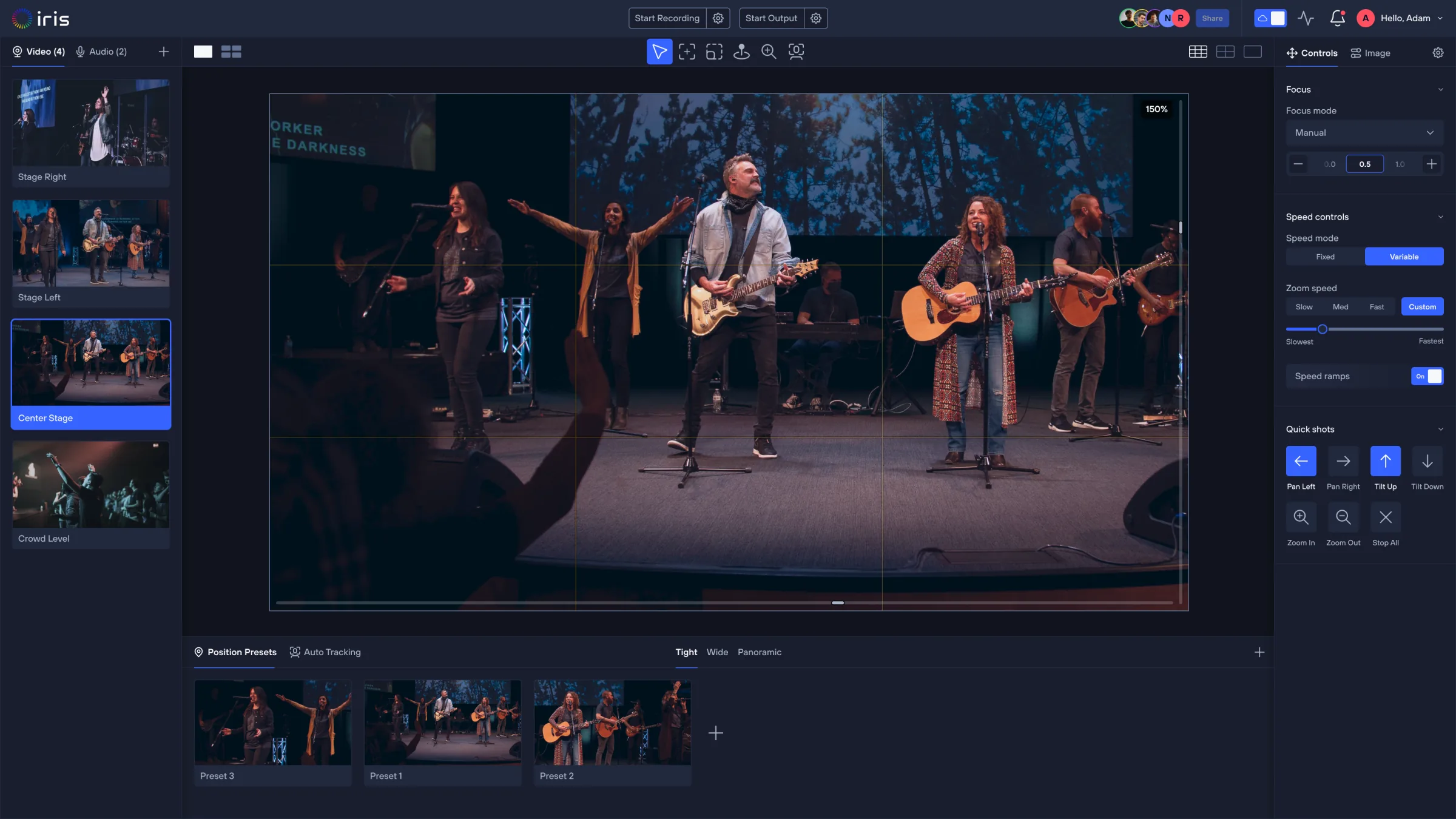Iris Studio with collaborators in session — shared avatars and Share control in the topbar above a live sanctuary camera