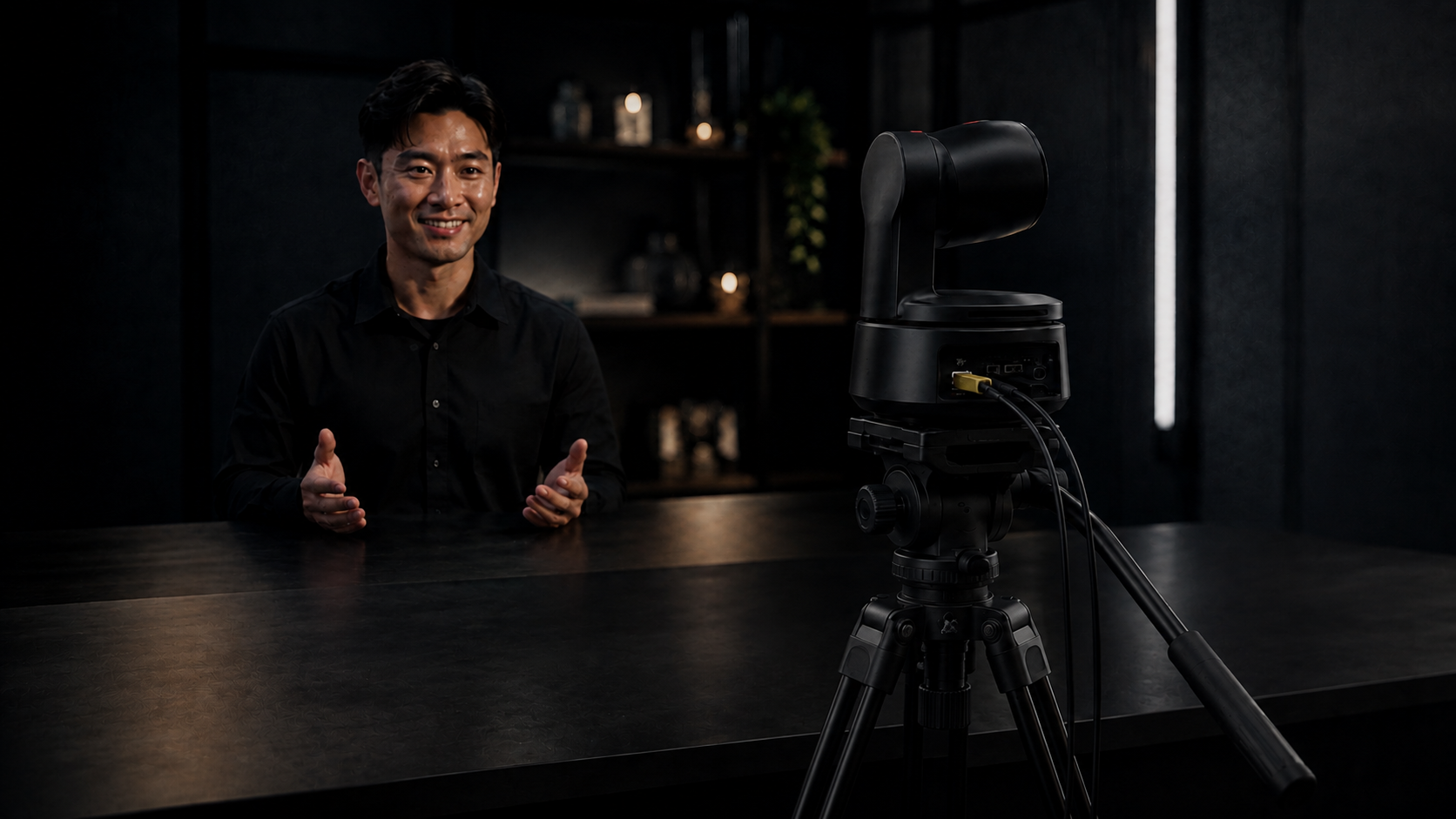 The camera on a tripod at the destination with power and network cables connected, framing a guest