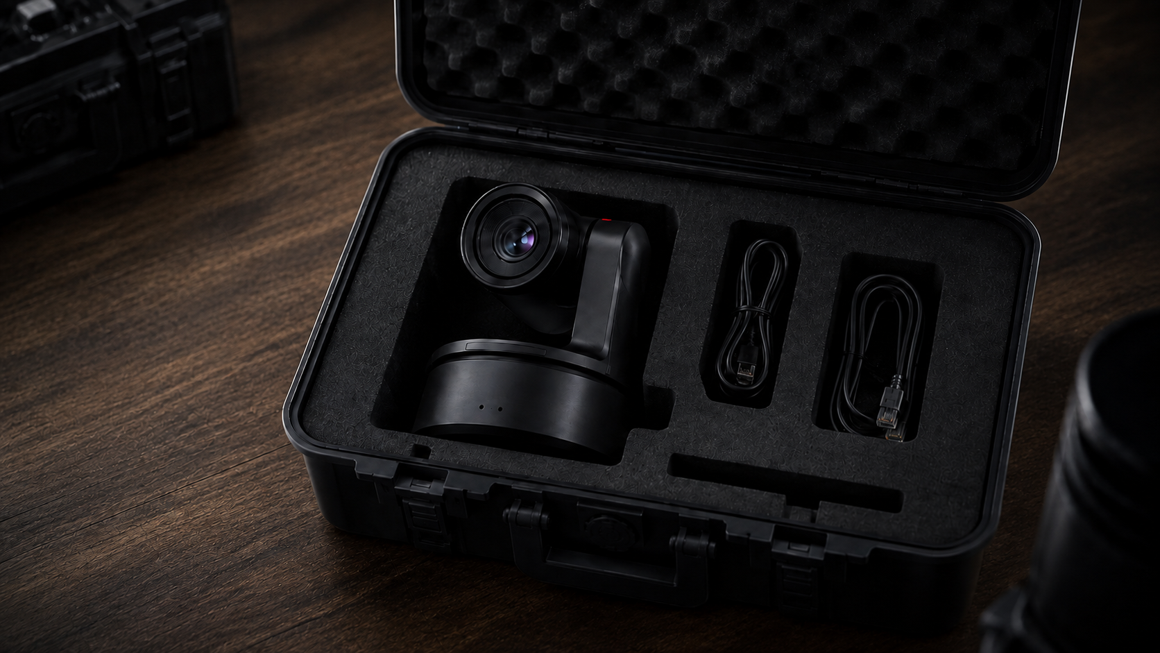 The camera seated in a fitted hard case with its power and network cables