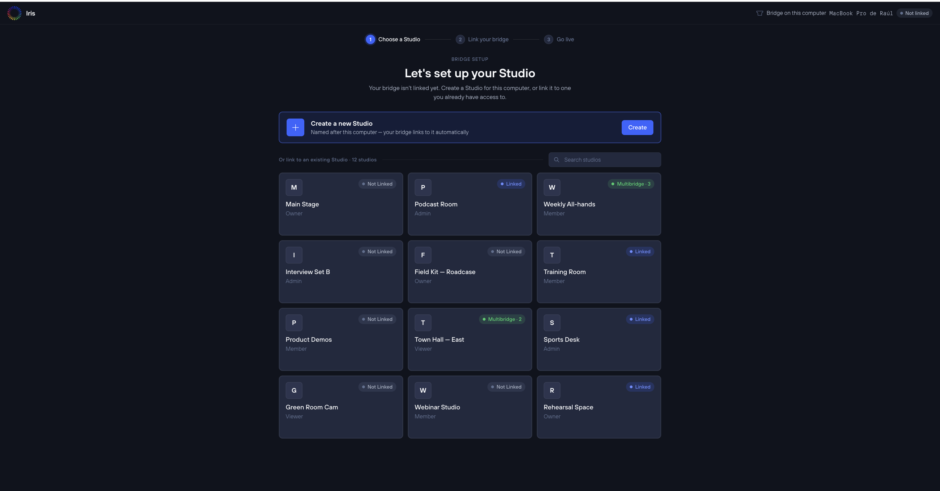 A list of Iris Studios in a browser