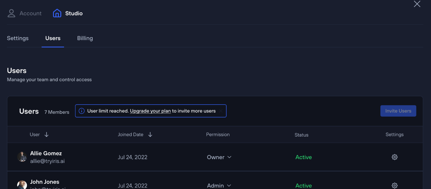 Iris Studio user list for a shared production team