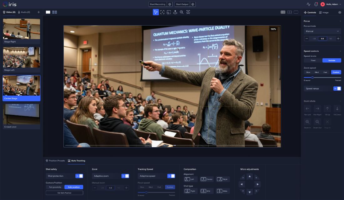 Iris tracking a lecturer in a lecture hall