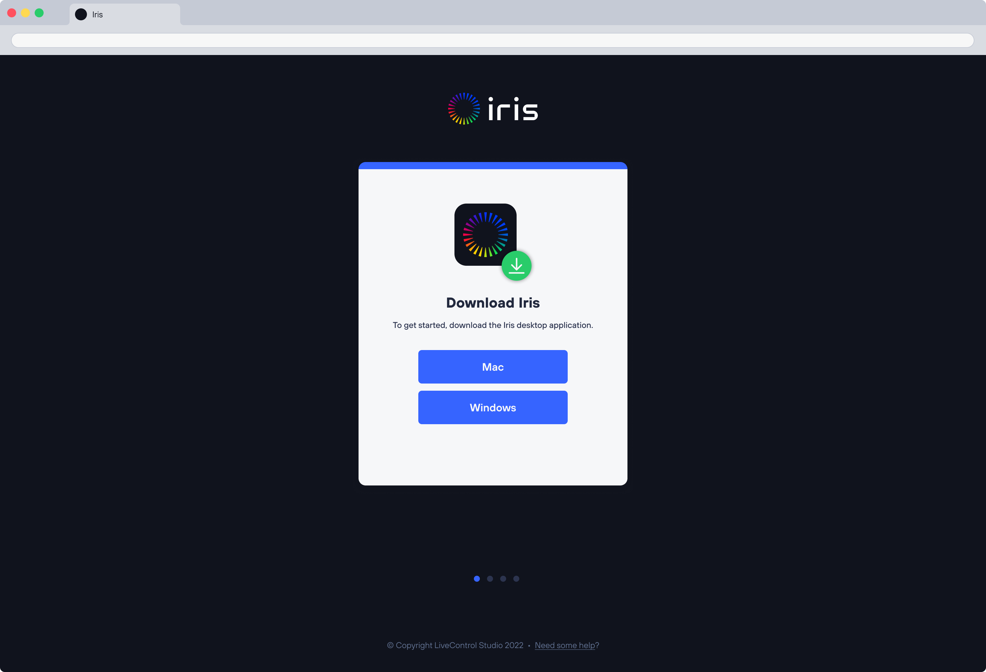 The Iris download page offering Mac and Windows builds