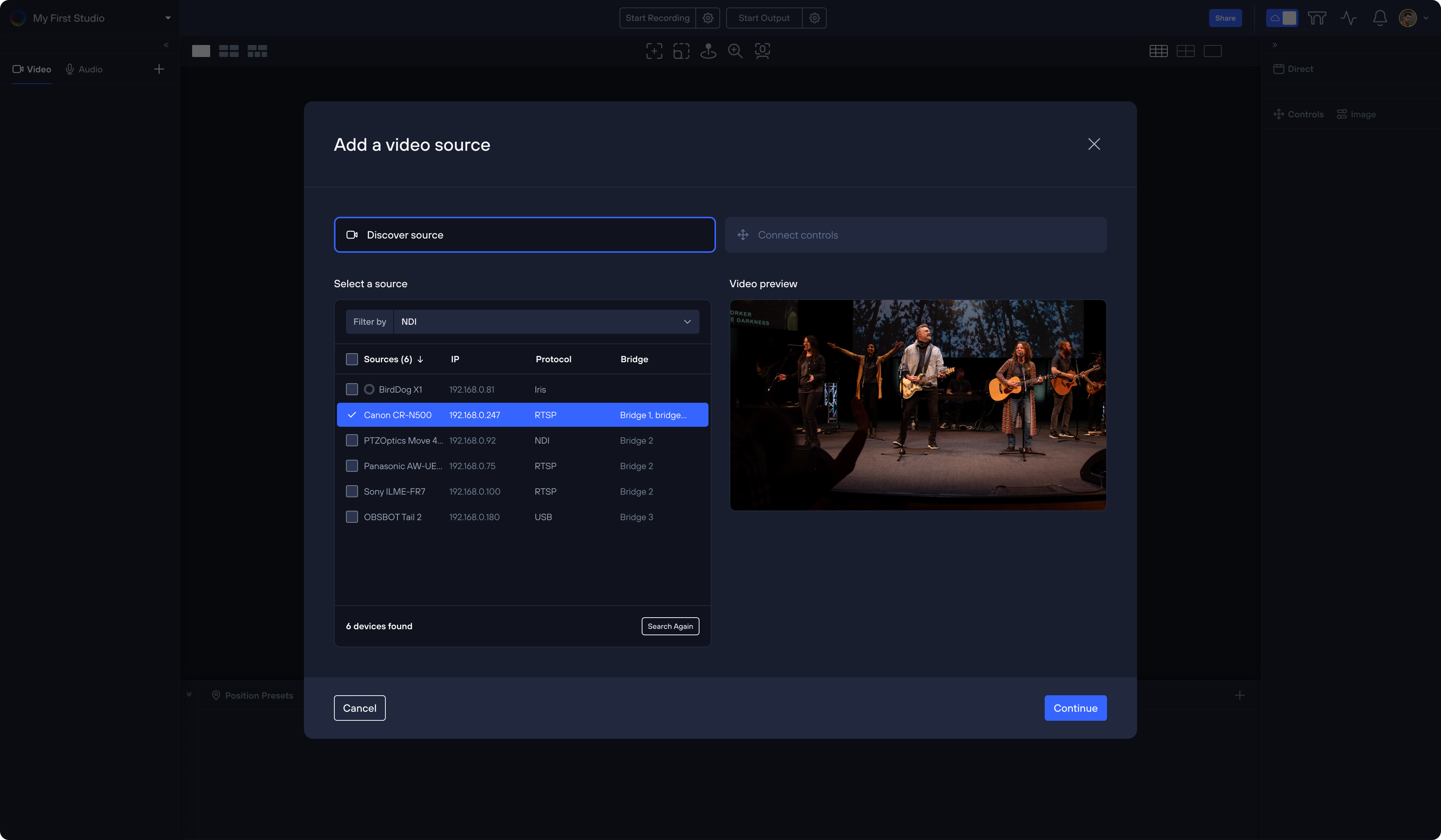 The Add a video source dialog listing discovered cameras with a live preview