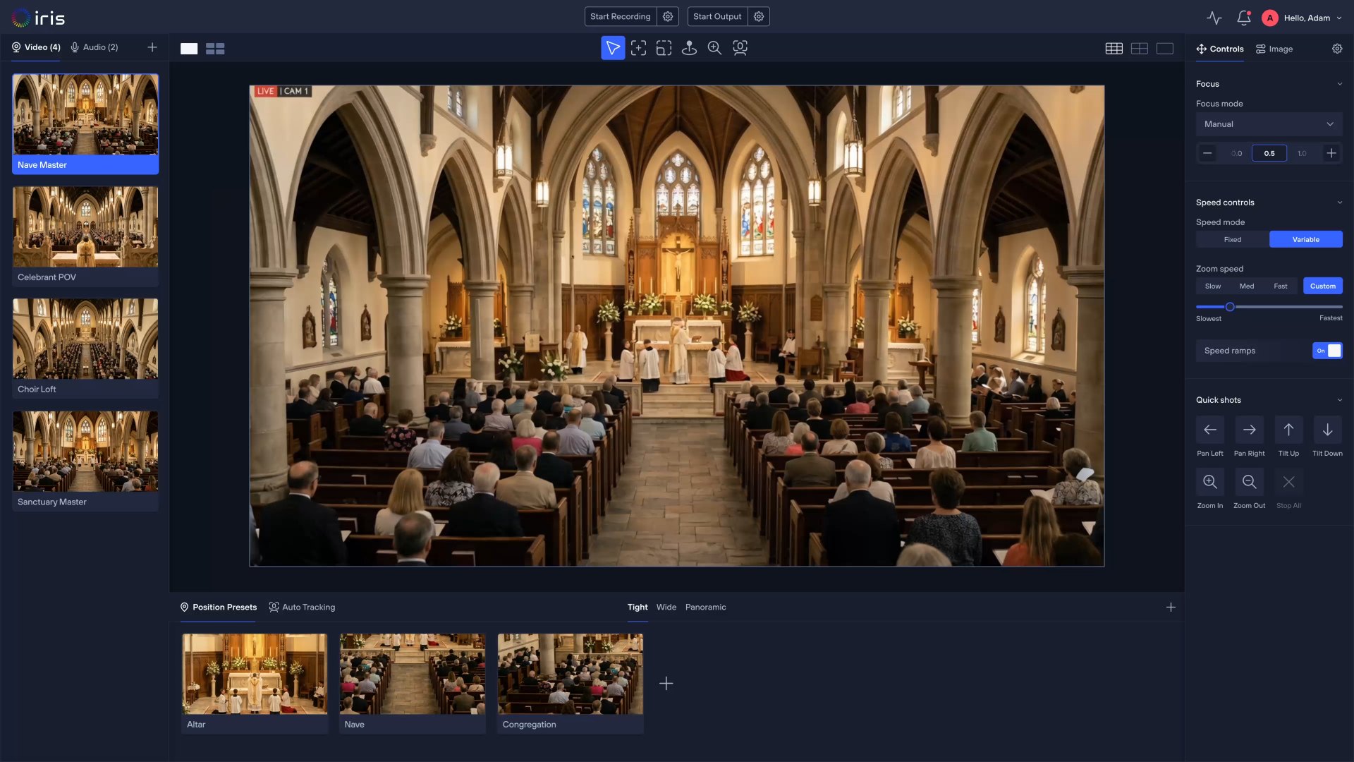 A single camera previewed and ready to control in Iris Studio