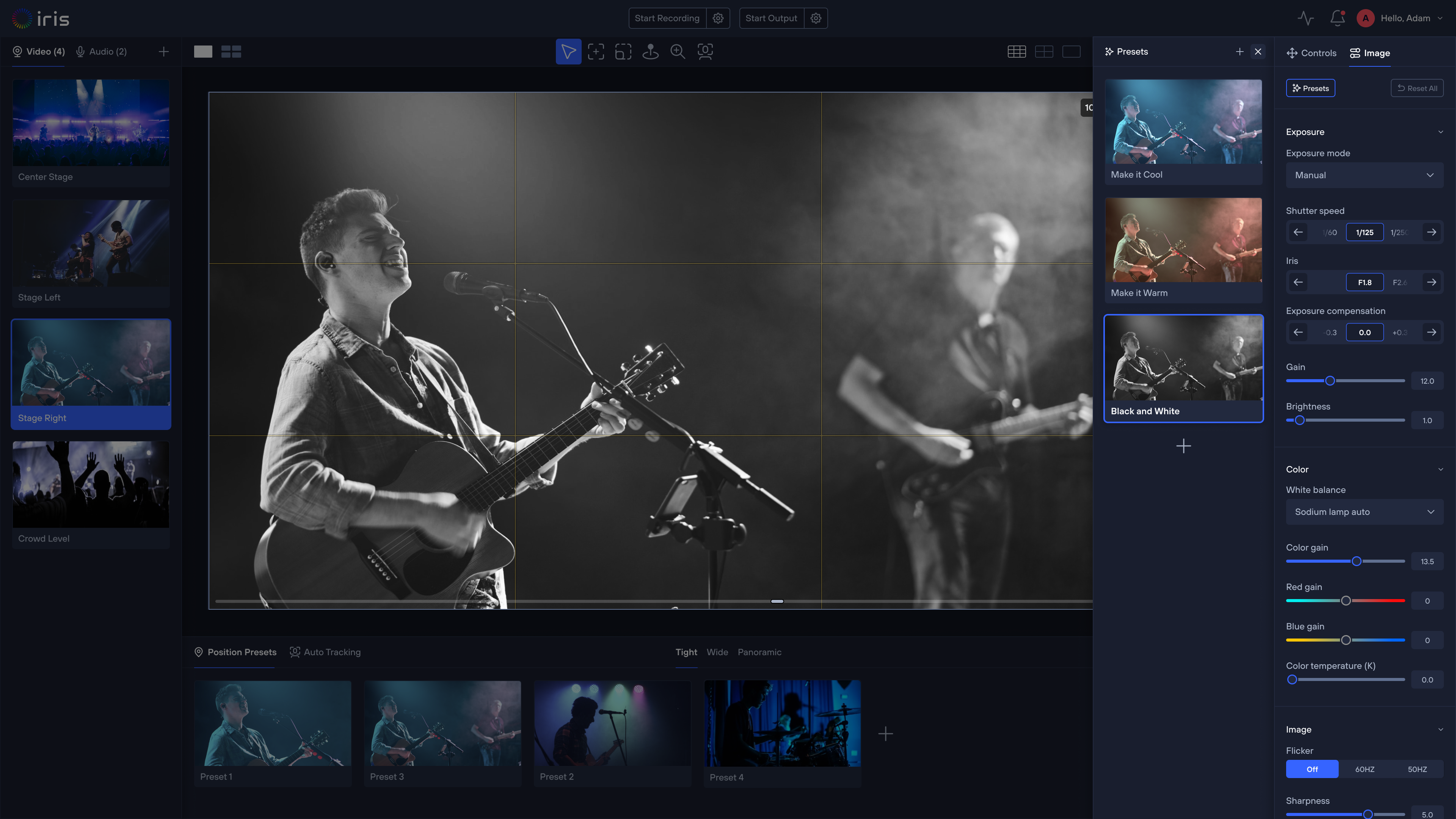 Iris image presets — Make it Cool, Make it Warm and Black and White applied live, with exposure, color and image controls