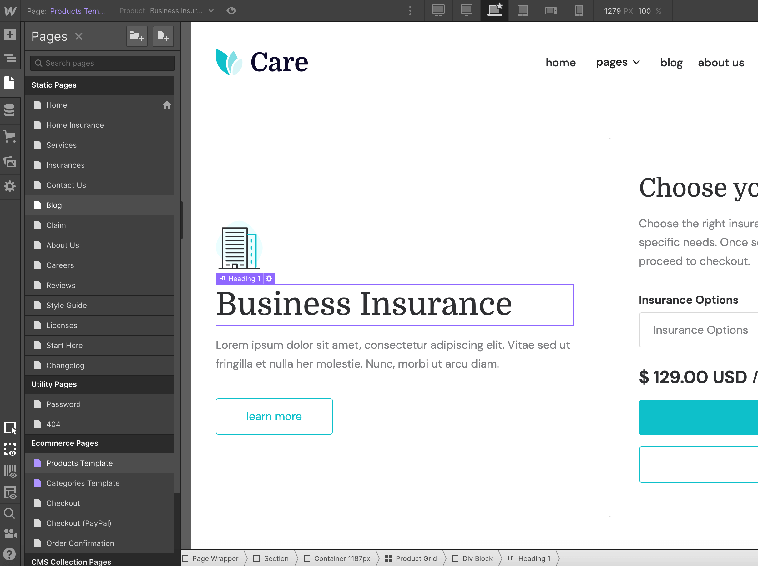 eCommerce Page - Care Webflow Template