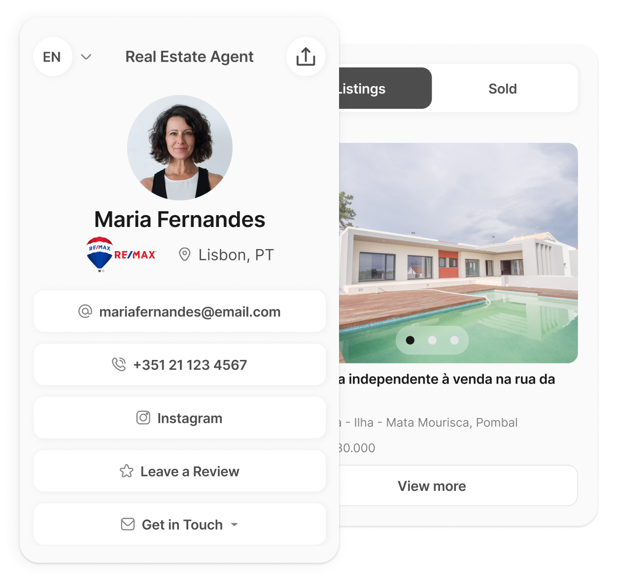 Simulating the Agent Page feature with the Agent's picture and their most important information, like email, phone and social media links. On the right, we can see the listings they have.