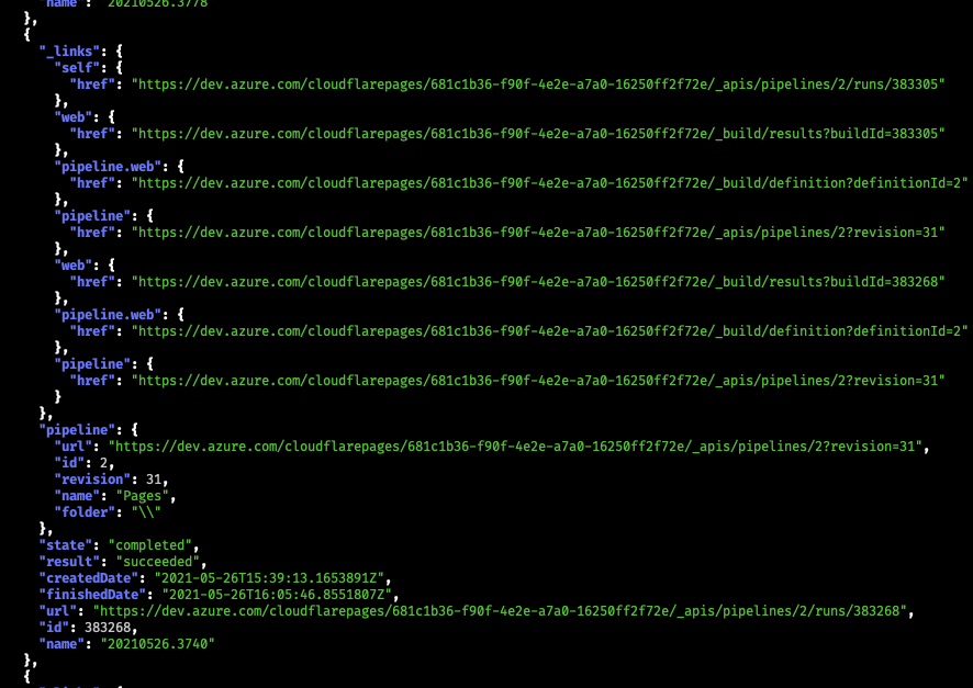 a screenshot showing the build history in DevOps pipelines for the cloudflare pages project, including our builds