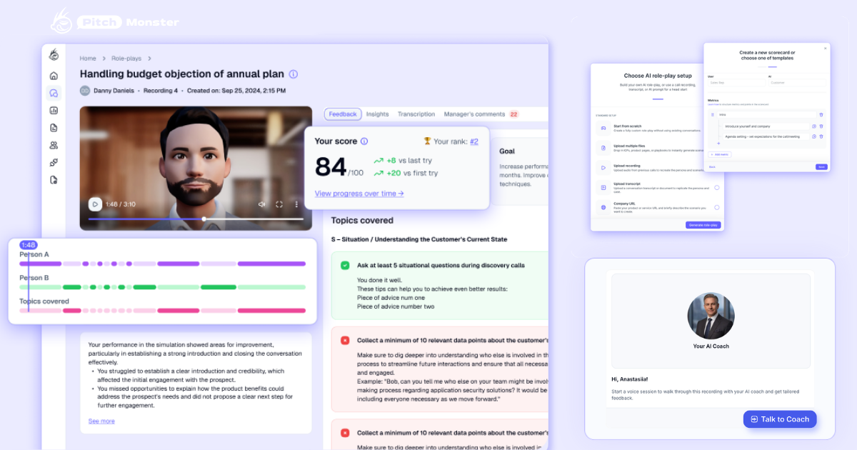 PitchMonster AI sales role-play dashboard with session score, scorecard feedback, and built-in AI Coach