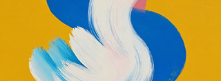 Abstract painting with bold blue shapes on a yellow background, overlaid with sweeping white and pink brushstrokes.