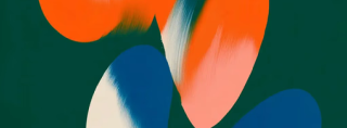 Abstract shapes in orange, blue, and cream colors on a dark green background.