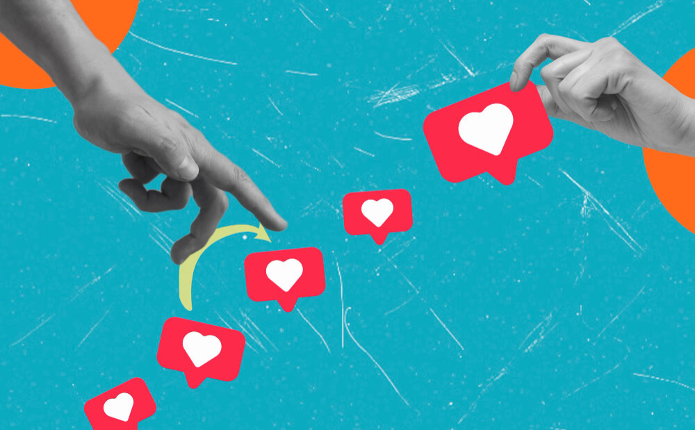 Two hands exchanging red social media like icons with white hearts on a blue textured background.