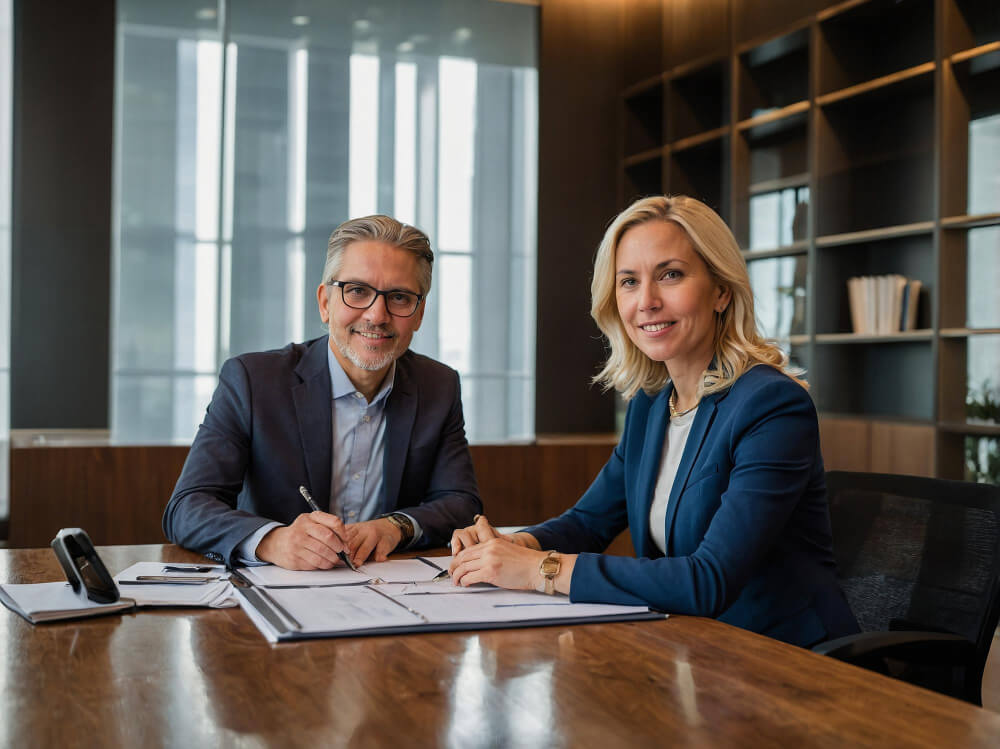 Two business professionals, a man and a woman, sitting at a conference table reviewing documents in a modern office.