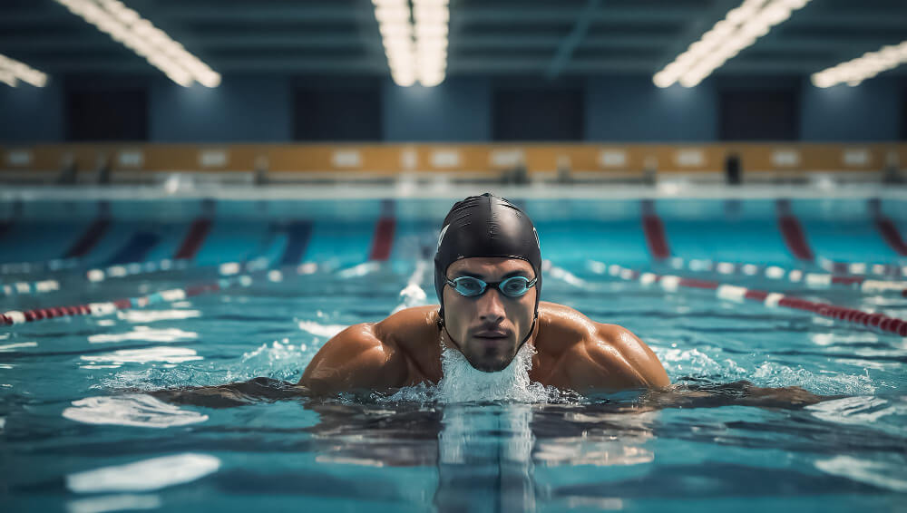 Swimmer in a black swim cap and goggles performing breaststroke in an indoor pool.