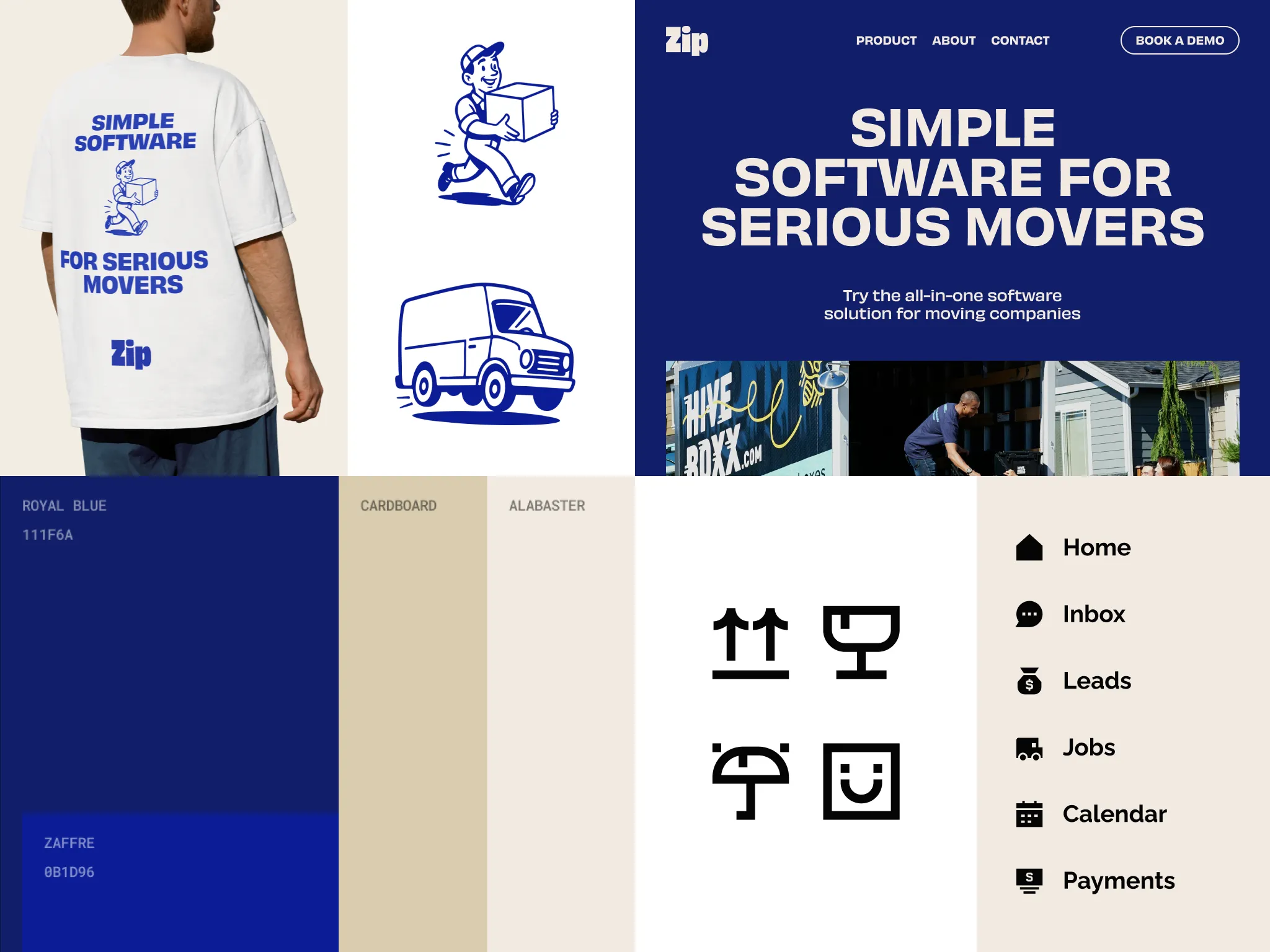 Brand board showing Zip software branding with logo, colors, icons, and website header for moving companies.
