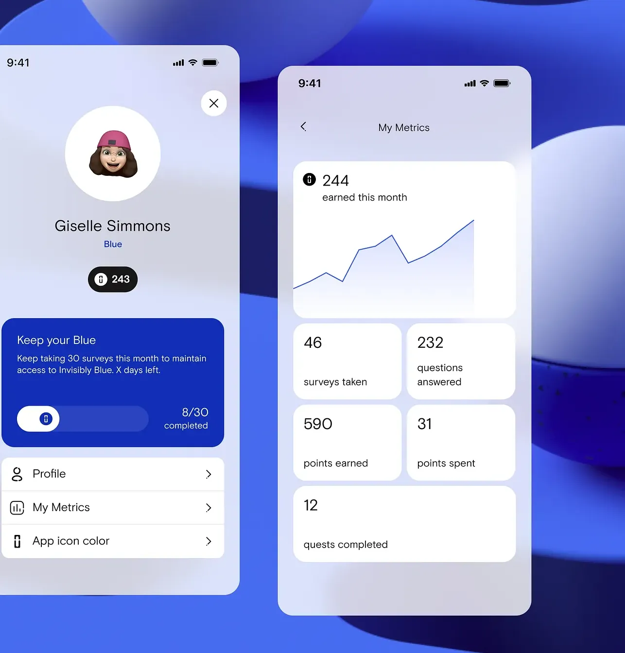 Profile screens from the Invisibly mobile app