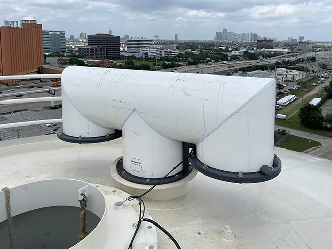 AIM Sales corrosion-resistant PVC tank vent installed on a ground storage tank in Houston, Texas