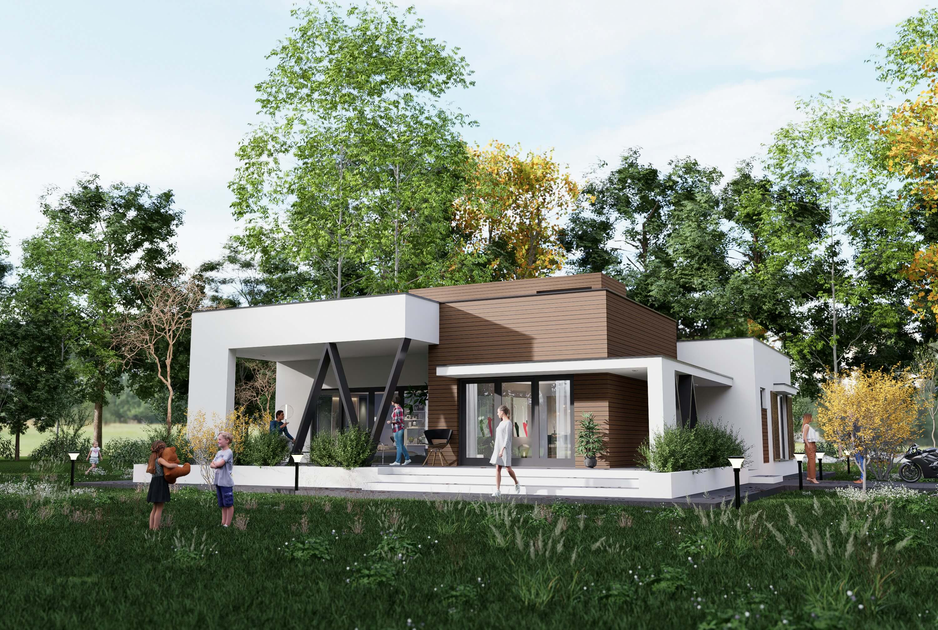 Modern house with wood accents surrounded by trees and people in a grassy yard on a sunny day.