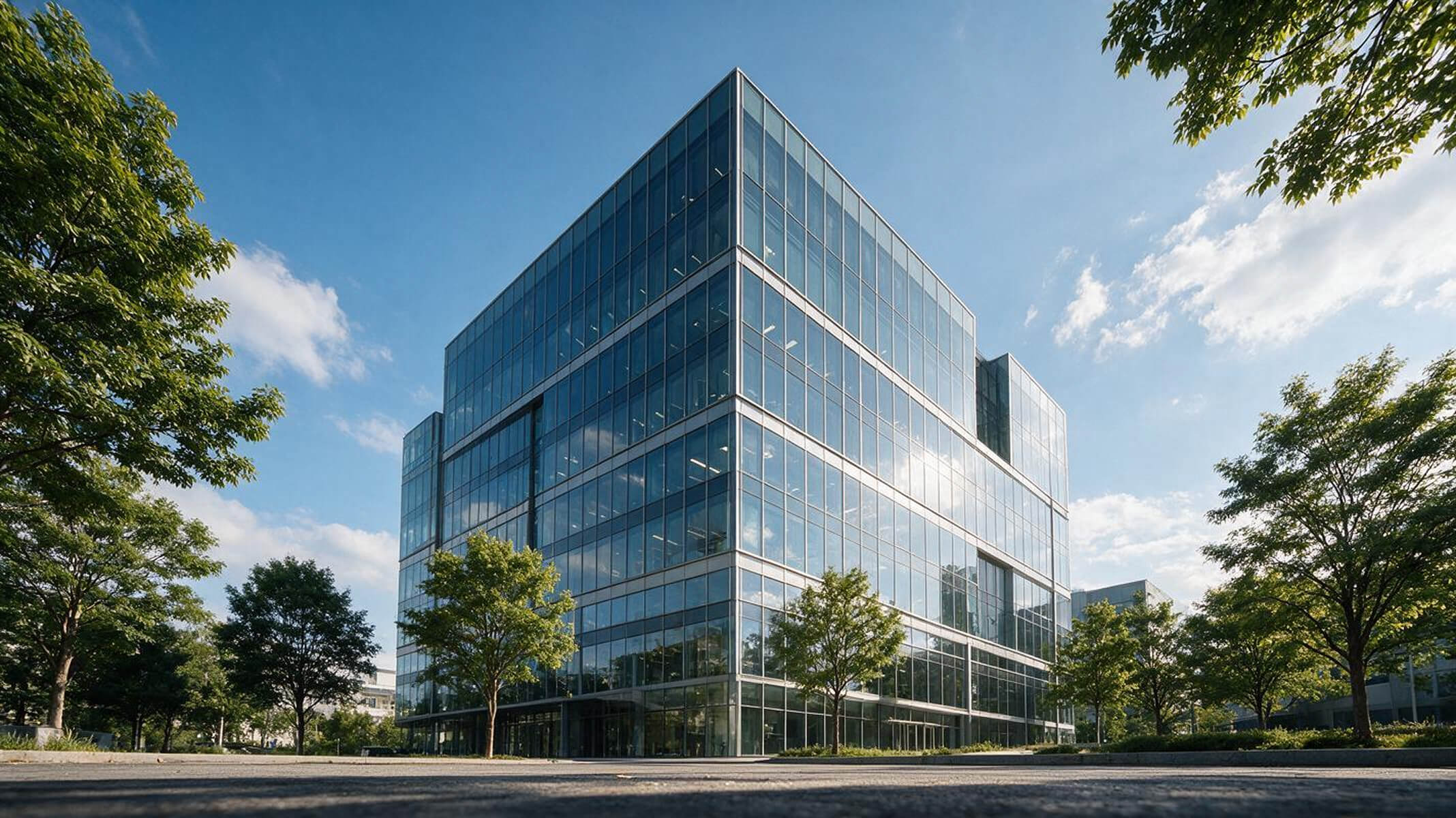 Modern office building with glass exterior reflecting the blue sky and clouds, surrounded by green trees on a sunny day.