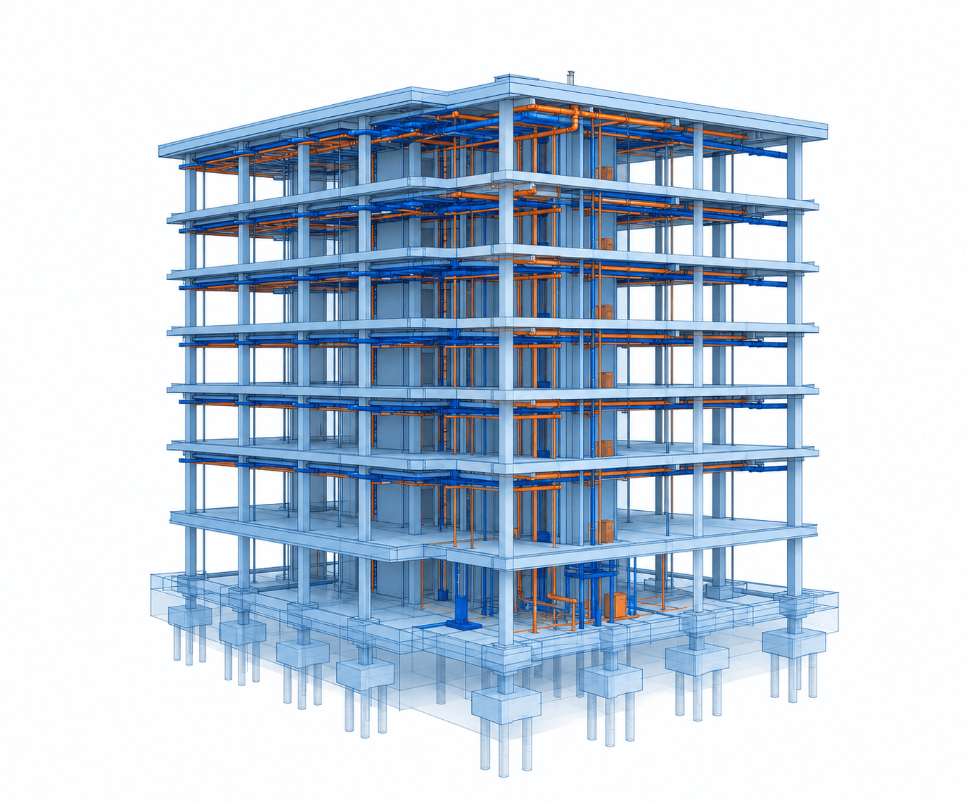 Transparent 3D architectural model of a multi-story building showing structural framework with blue columns and floors and orange and blue interior piping systems.