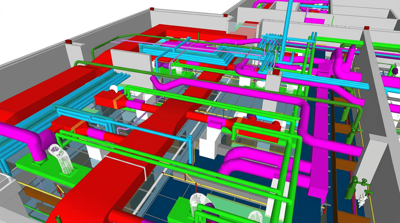 3D model of building mechanical systems with colorful pipes, ducts, and conduits in red, green, blue, and purple inside gray structural walls.