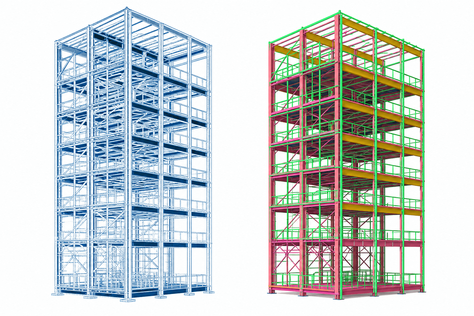 Two 3D digital models of a multi-story building framework side by side, one in blue wireframe style and the other in color-coded steel structure with green railings, pink vertical beams, and yellow horizontal beams.