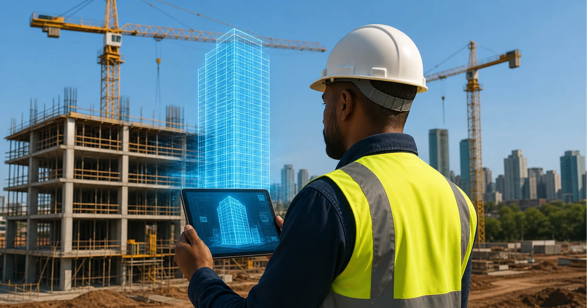 Construction worker in a white hard hat and yellow safety vest uses a tablet showing a digital 3D model of a building at a construction site with cranes and a partially built concrete structure.