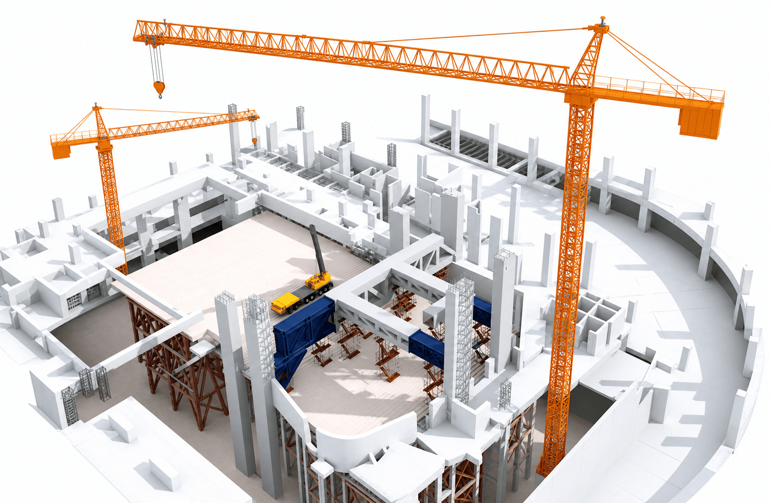 3D digital rendering of a construction site featuring two large orange tower cranes, a smaller mobile crane, and a partially built multi-story structure with white concrete walls, columns, and blue steel beams supporting parts of the upper floors.