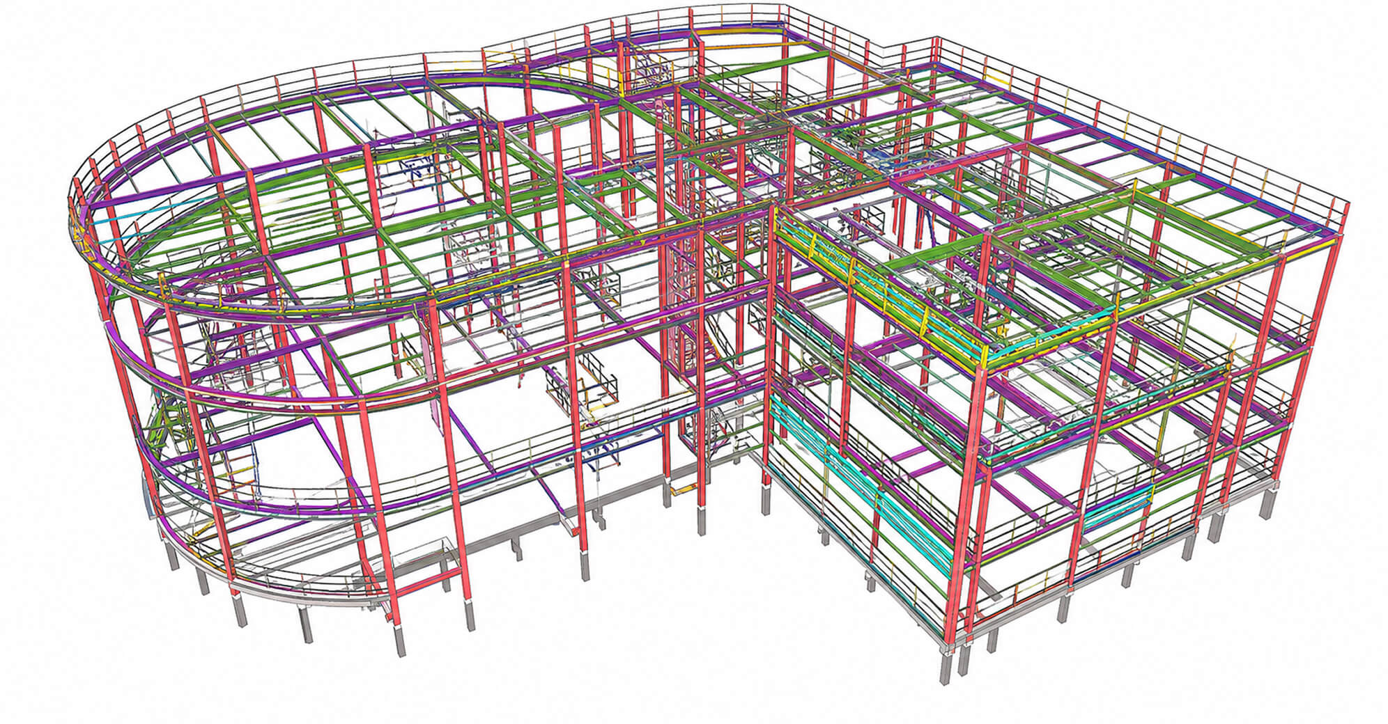 3D digital model of a multi-story building's structural framework showing colored beams and columns with safety railings, illustrating Building Information Modeling (BIM) for architectural or engineering purposes.