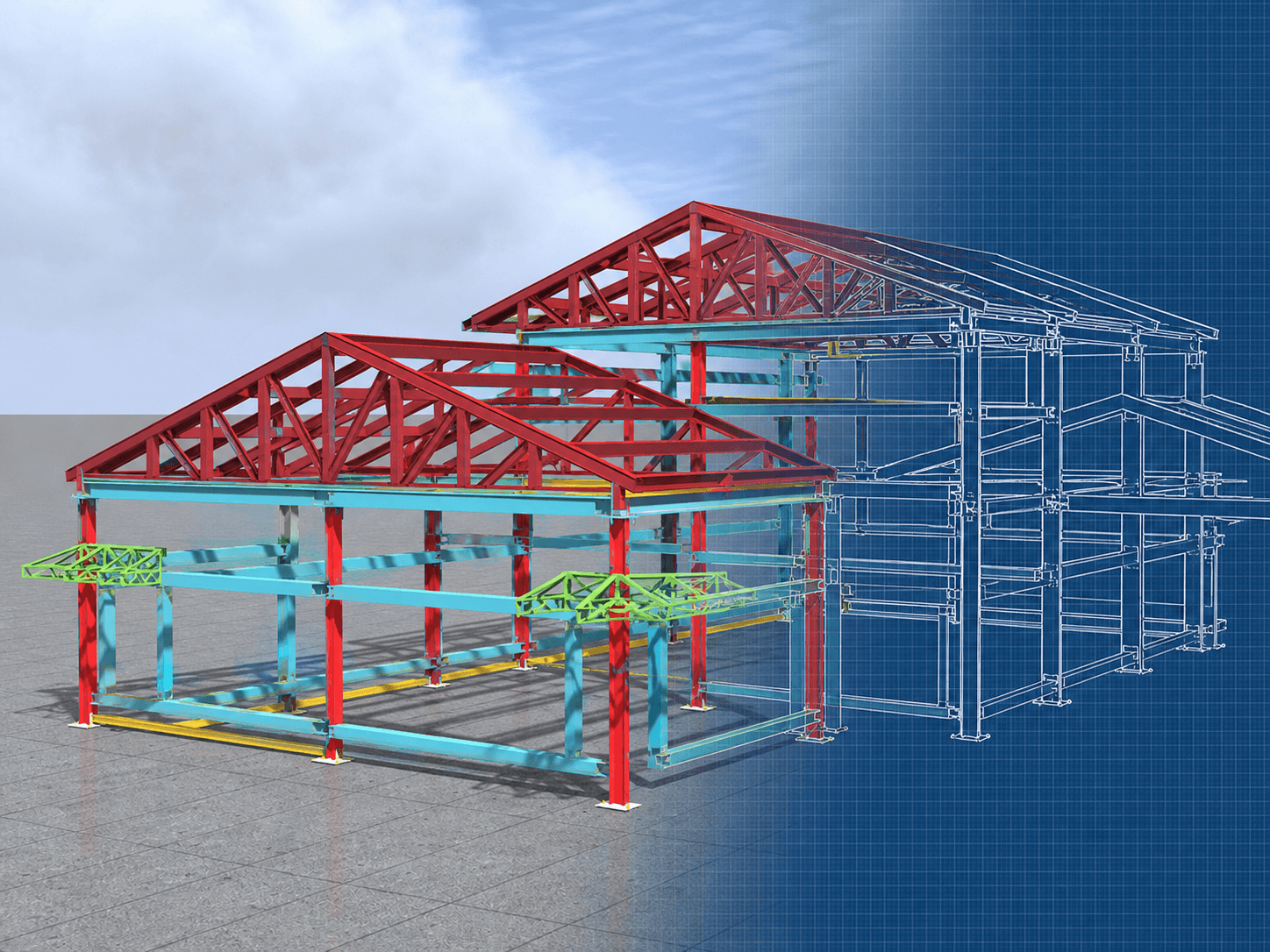 3D architectural model showing a partially constructed steel frame building with red, blue, and green beams transitioning into a white line blueprint on a blue grid background.