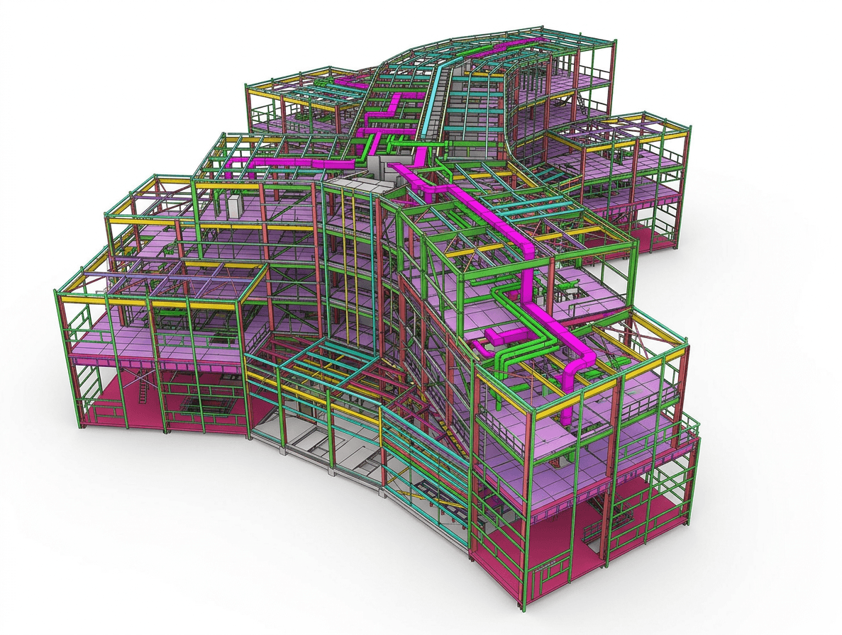 3D model of a multi-story building structure showing steel framework and colored pipelines, including prominent magenta and green ducts, with floors and staircases visible.