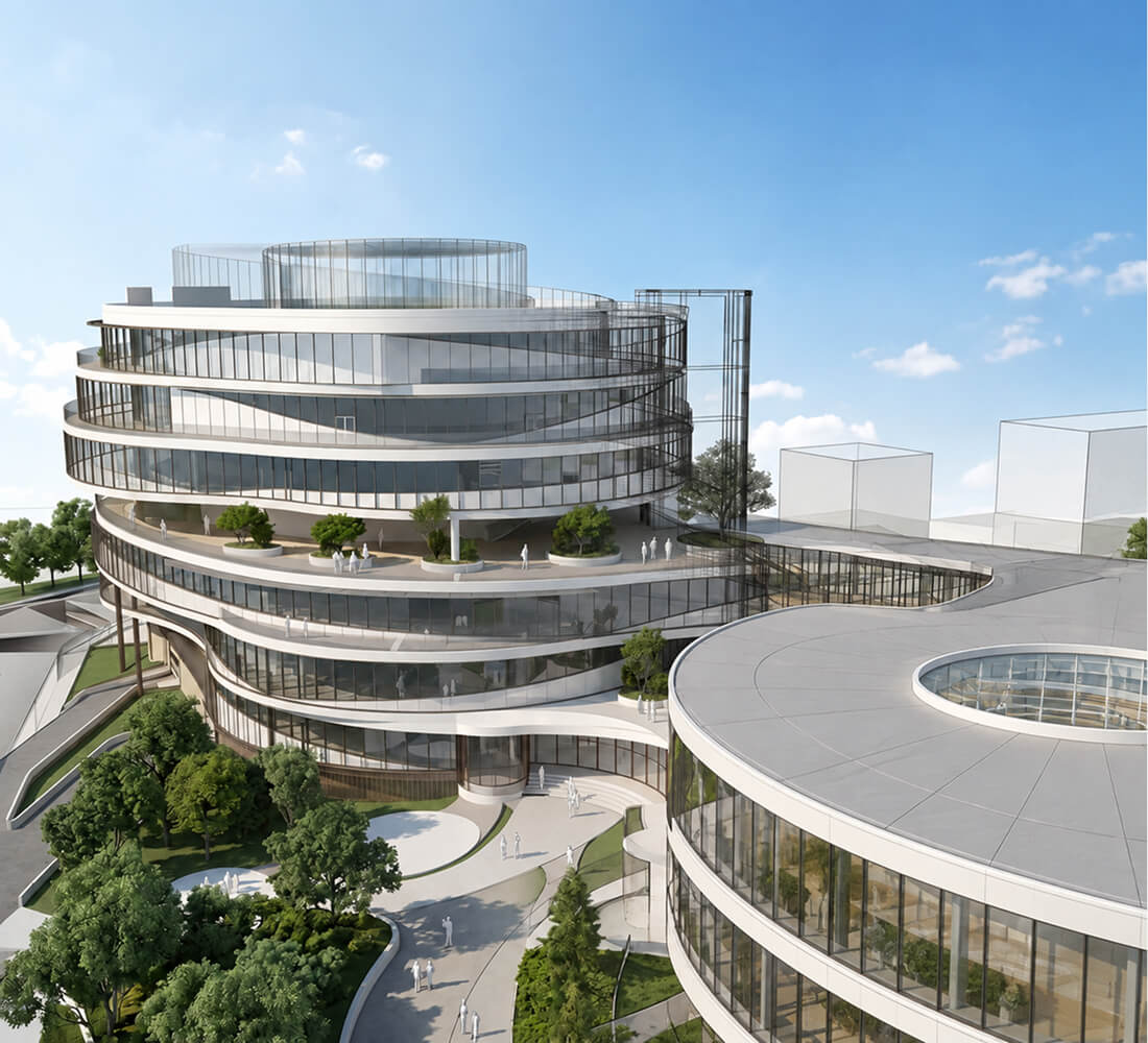 Modern architectural design featuring two circular multi-story buildings with large glass windows and outdoor terraces with greenery, surrounded by landscaped pathways and trees under a clear blue sky.