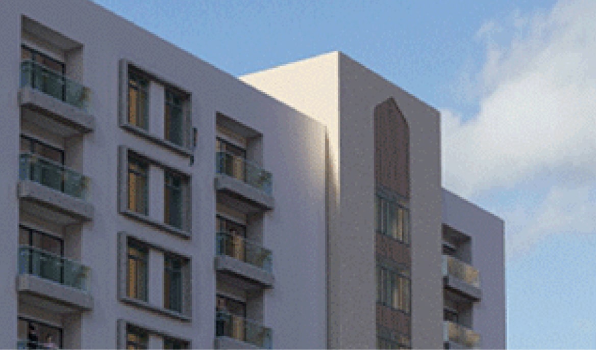 Close-up of rendering for City Terrace building