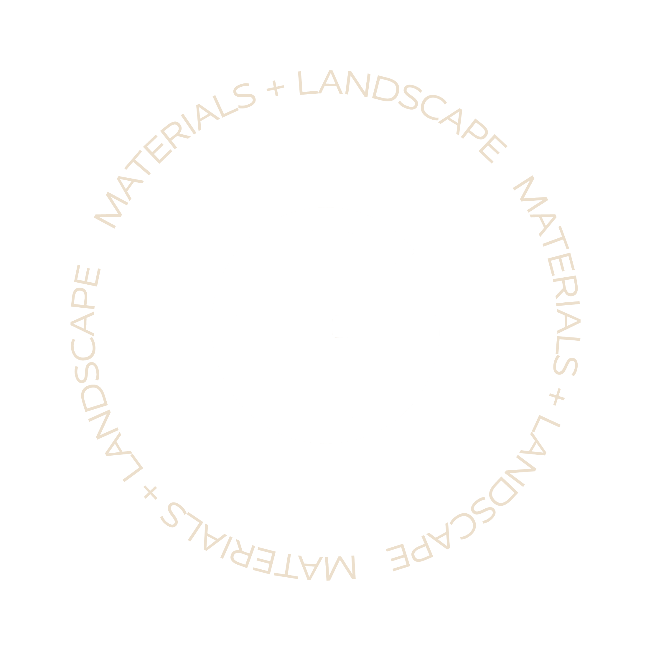 Beige letter G centered with circle text saying Materials + Landscape in beige on black background.