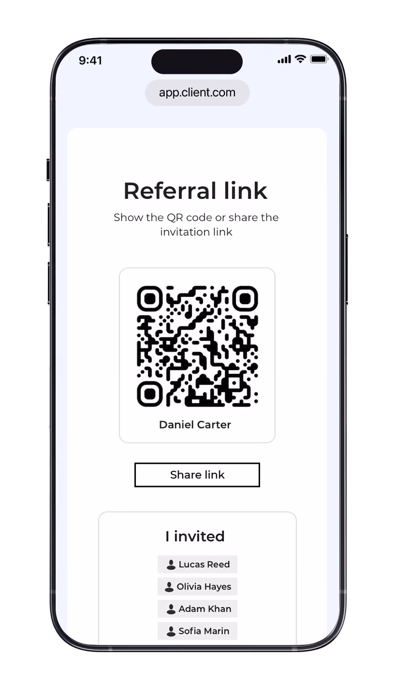 Rep referral link with personal QR and invited sellers list