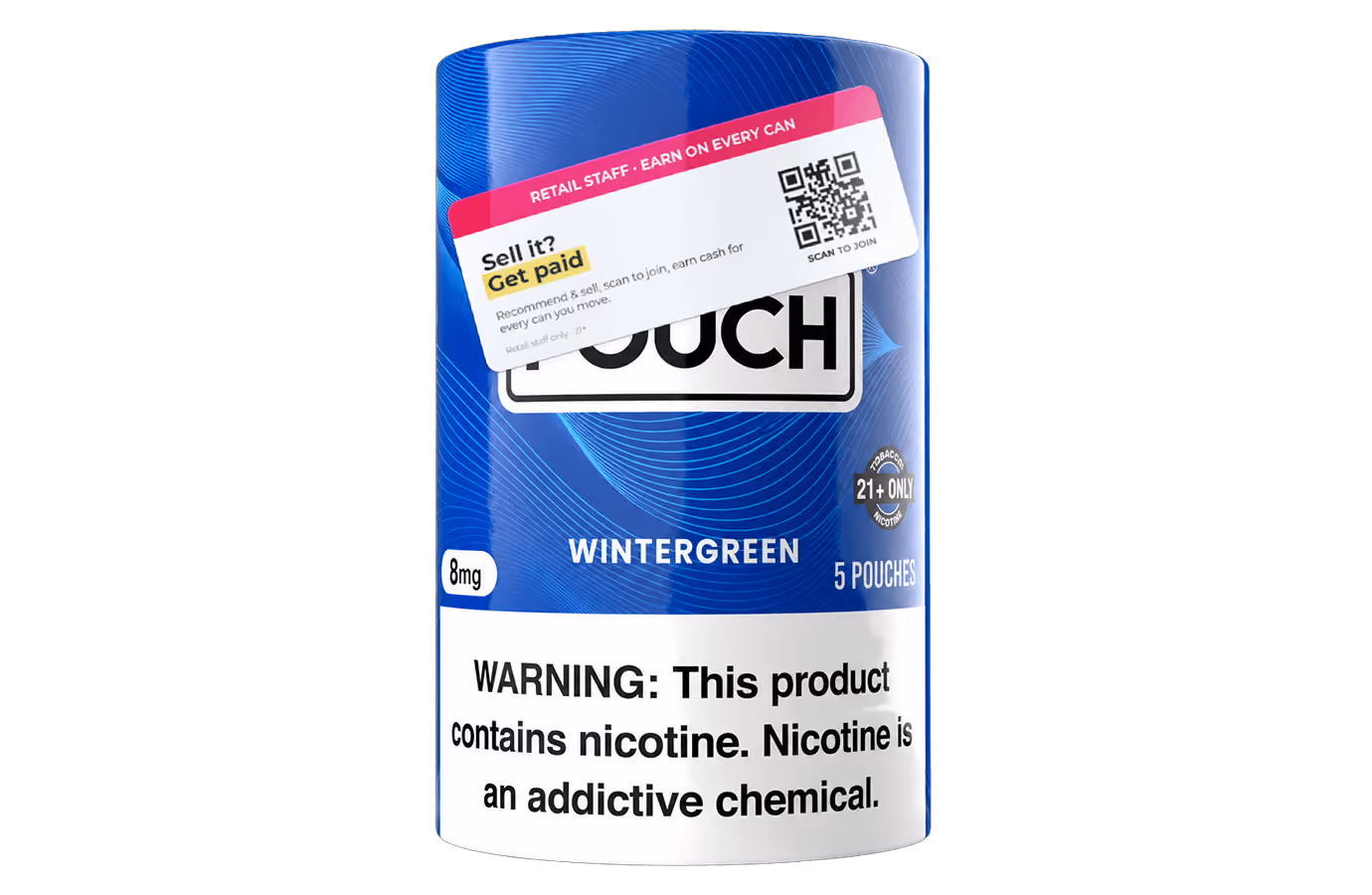 Mockup: clerk recruitment QR sticker on a nicotine pouch can sleeve