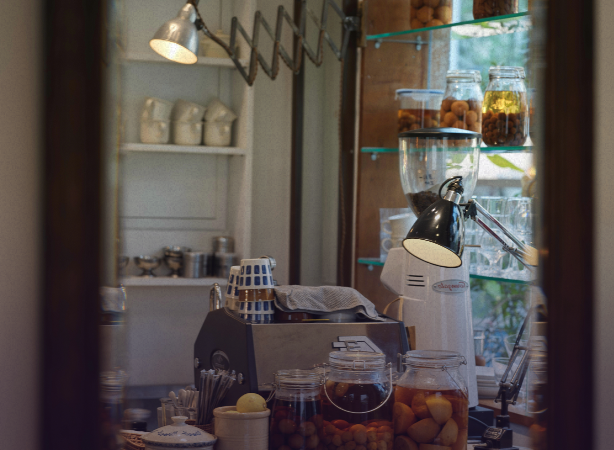 A cashier desk with some food around