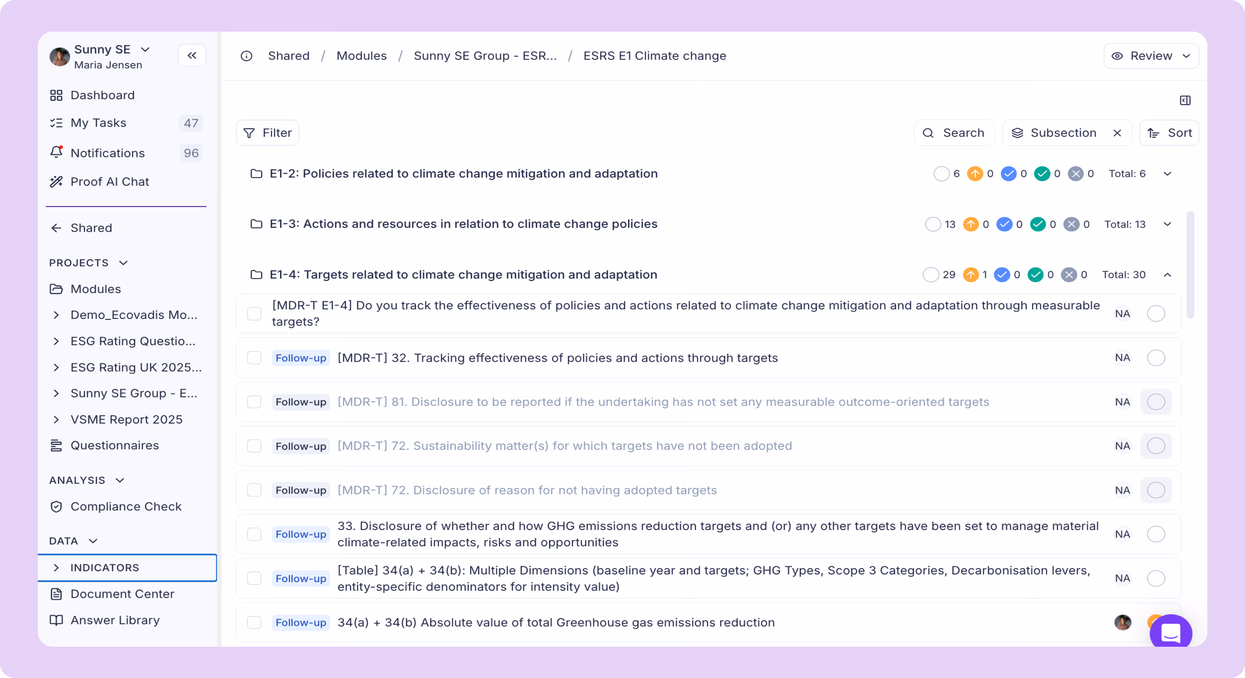 ESRS E1 Climate Change in the Sunhat Software