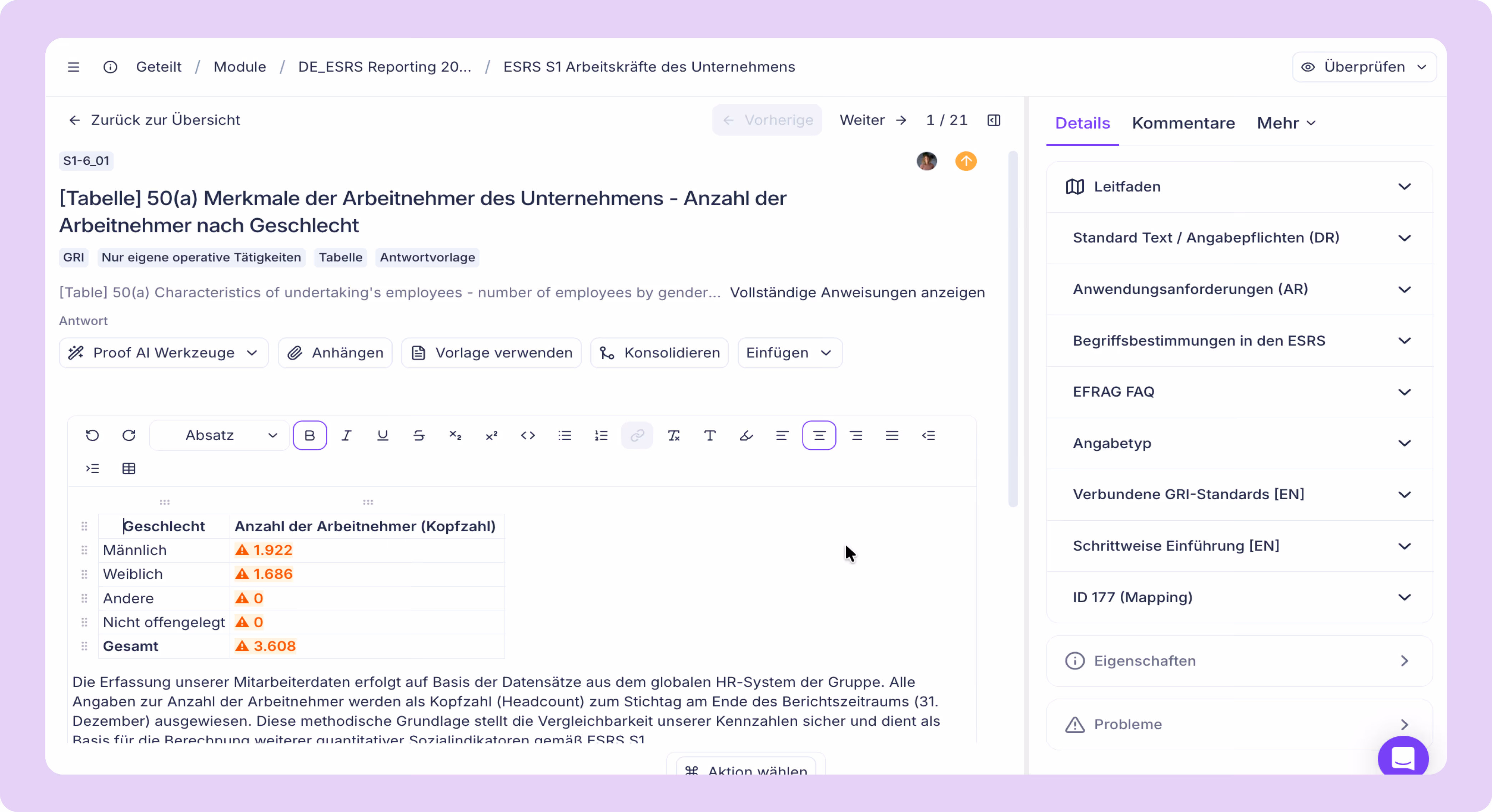 ESRS S1 Ausschnitt aus der Sunhat-Software